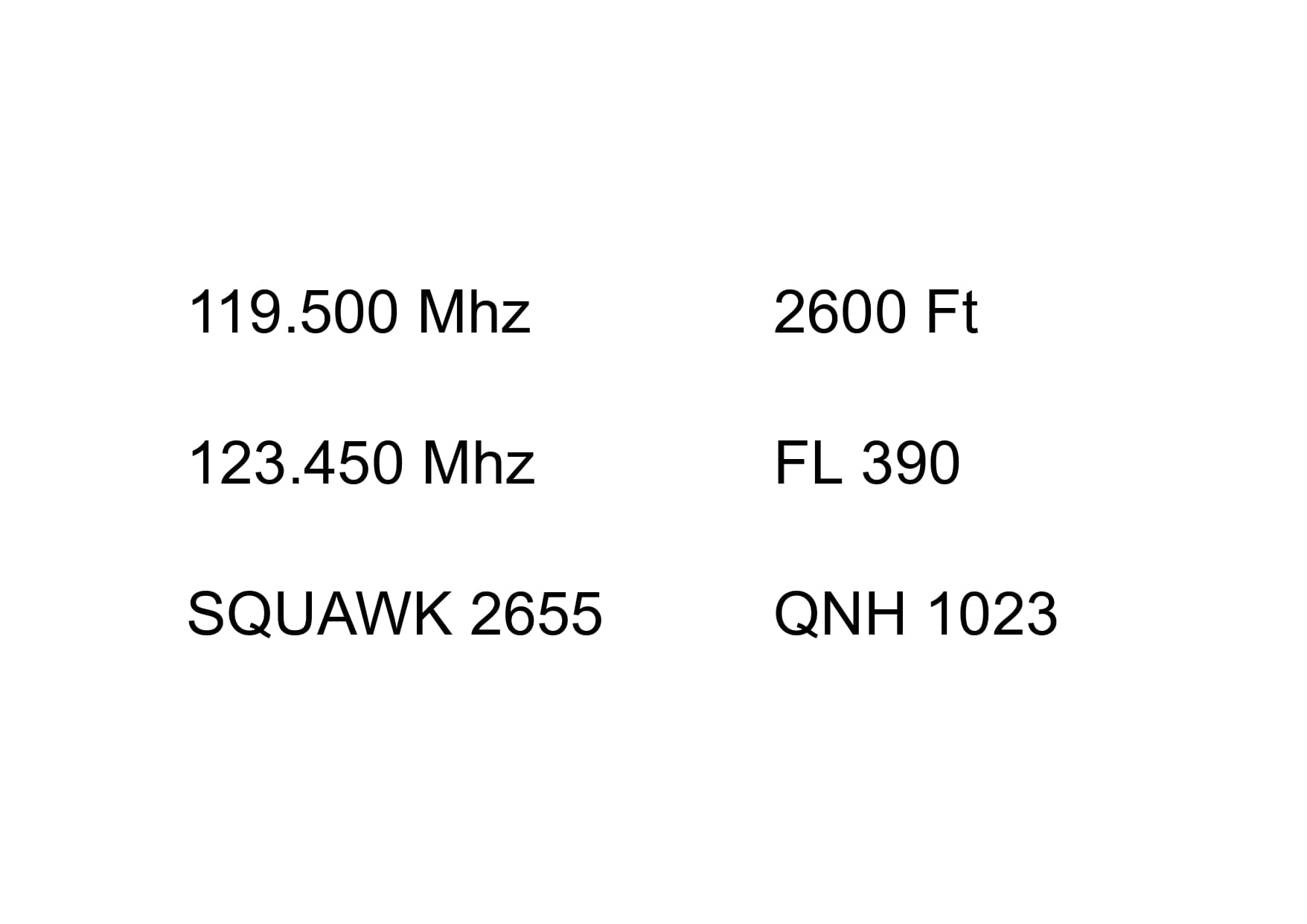 ICAO test frequencies, altitude, flight level, squawk and QNH readback prompt